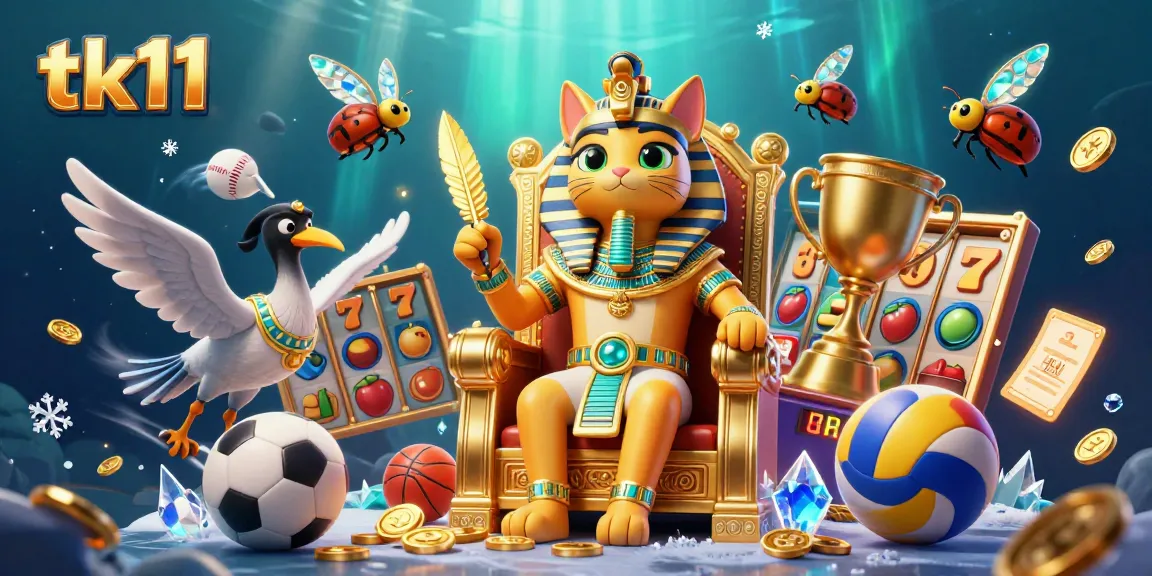 tk11 showcases a pharaoh cat amid vibrant slots and sports elements, epitomizing online gaming excitement.