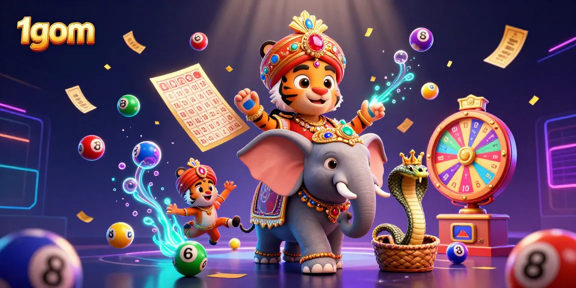 Play with exciting features at 1gom, surrounded by vibrant lottery balls and prize elements.