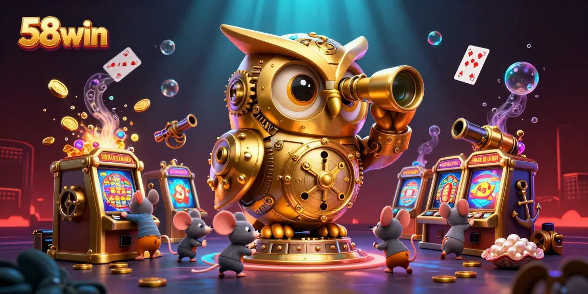 Experience thrilling gameplay at 58win with a whimsical 3D illustration featuring a golden owl scanning a vibrant casino.
