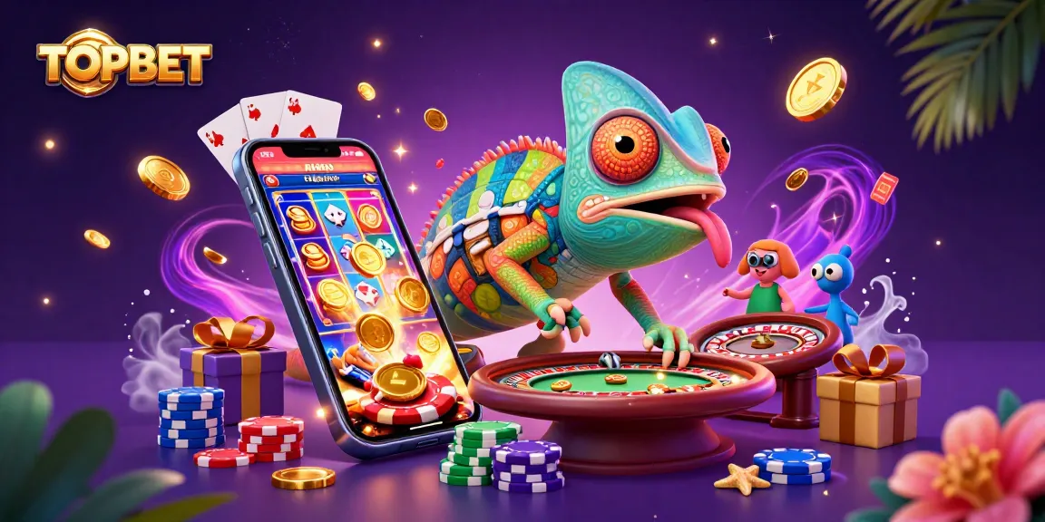 Experience the excitement of TOPBET with a vibrant 3D chameleon casino owner surrounded by engaging casino games.