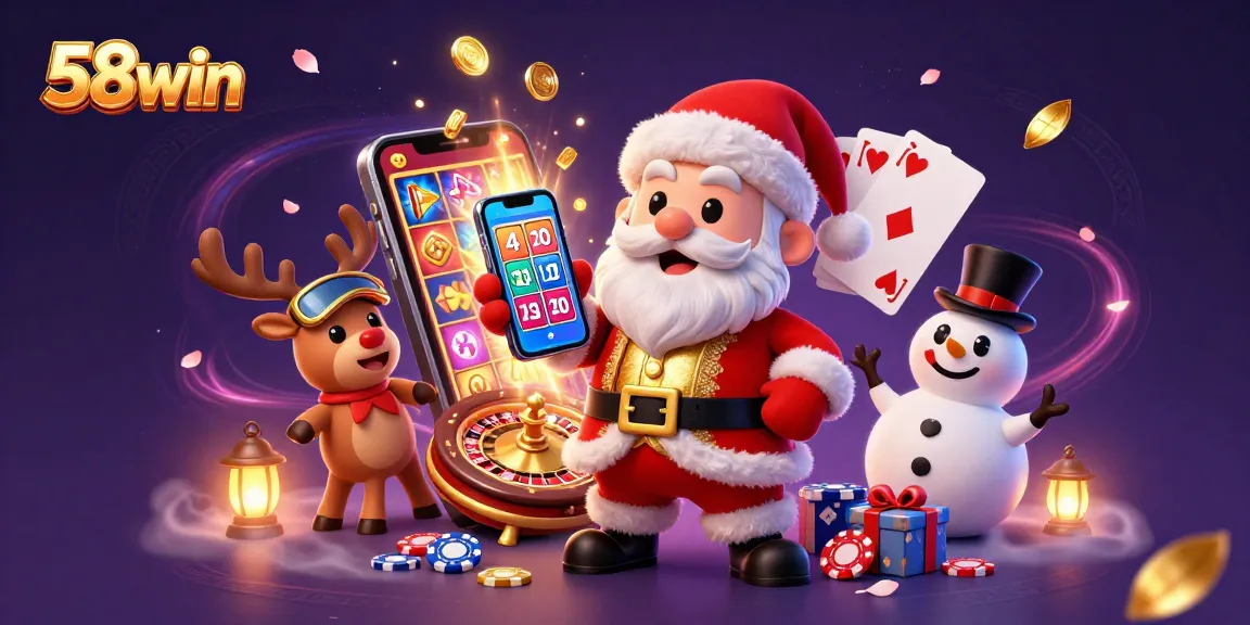 Experience excitement at 58win with Santa Claus showcasing jackpot slots in a vibrant casino environment.