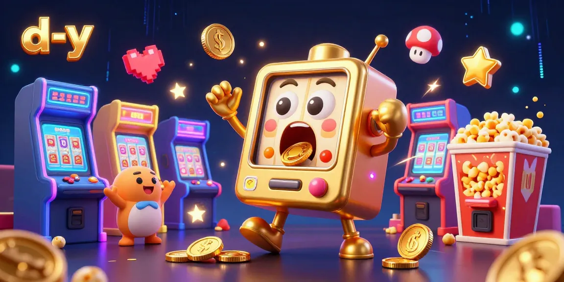 d-y slot machine hits jackpot surrounded by cheering machines, vibrant video game elements