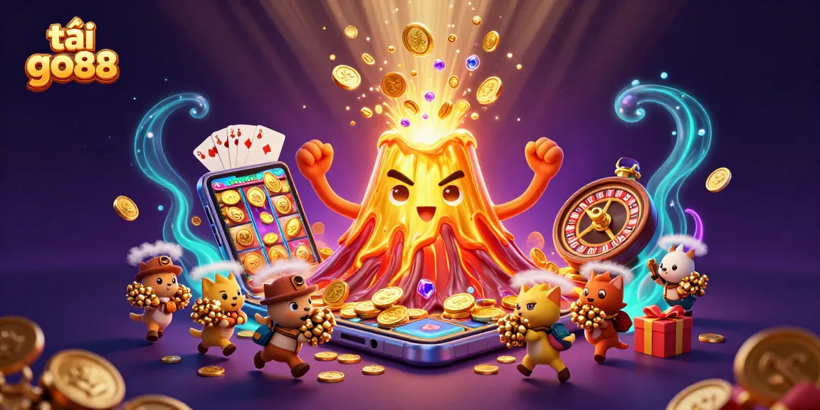 Experience the thrill of tải go88 with vibrant 3D casino elements and coins exploding from a golden volcano.