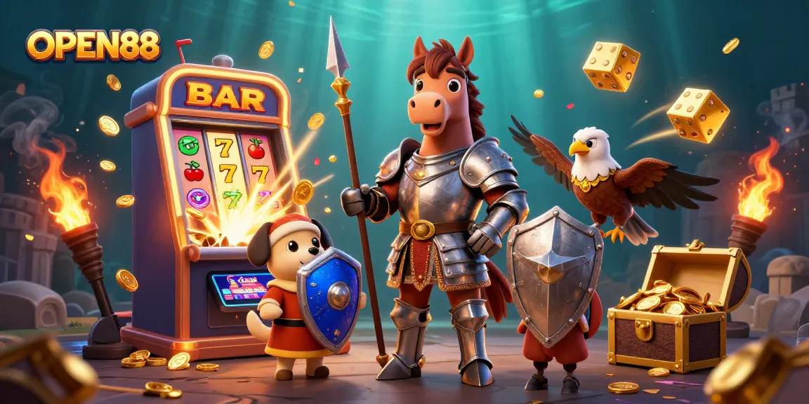 Experience thrilling gaming at OPEN88 with a vibrant scene featuring knights, slots, and jackpot excitement.
