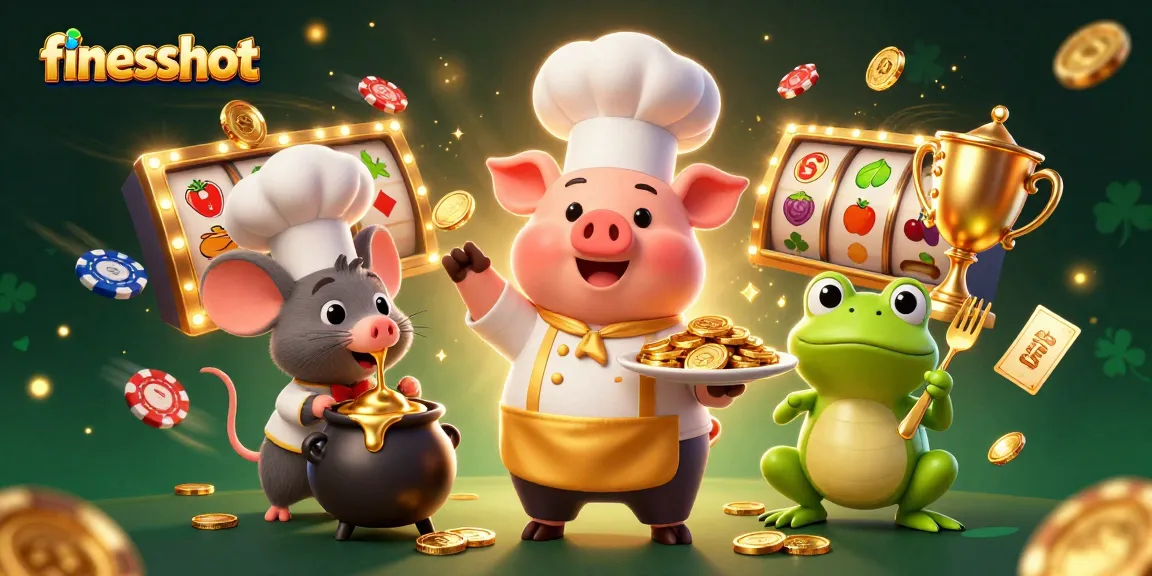 Experience fiveshot in a vibrant 3D illustration featuring playful characters serving golden casino treasures amidst dynamic game elements.