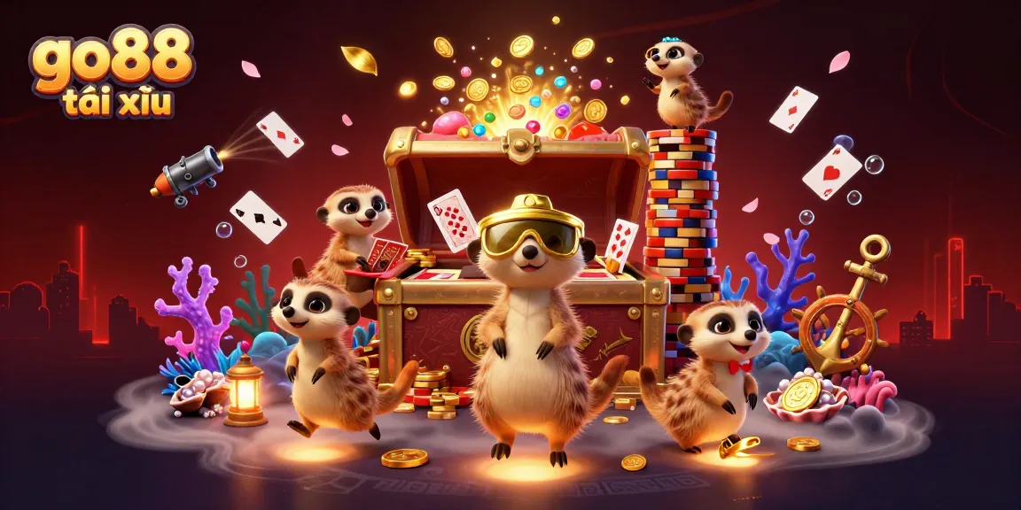 Engage in thrilling go88 tài xỉu action with a dynamic meerkat casino scene, featuring games and vibrant elements.
