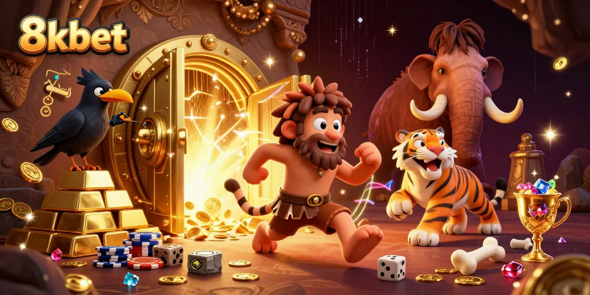 Experience the thrill of 8xbet with a vibrant casino scene featuring cavemen and treasures.