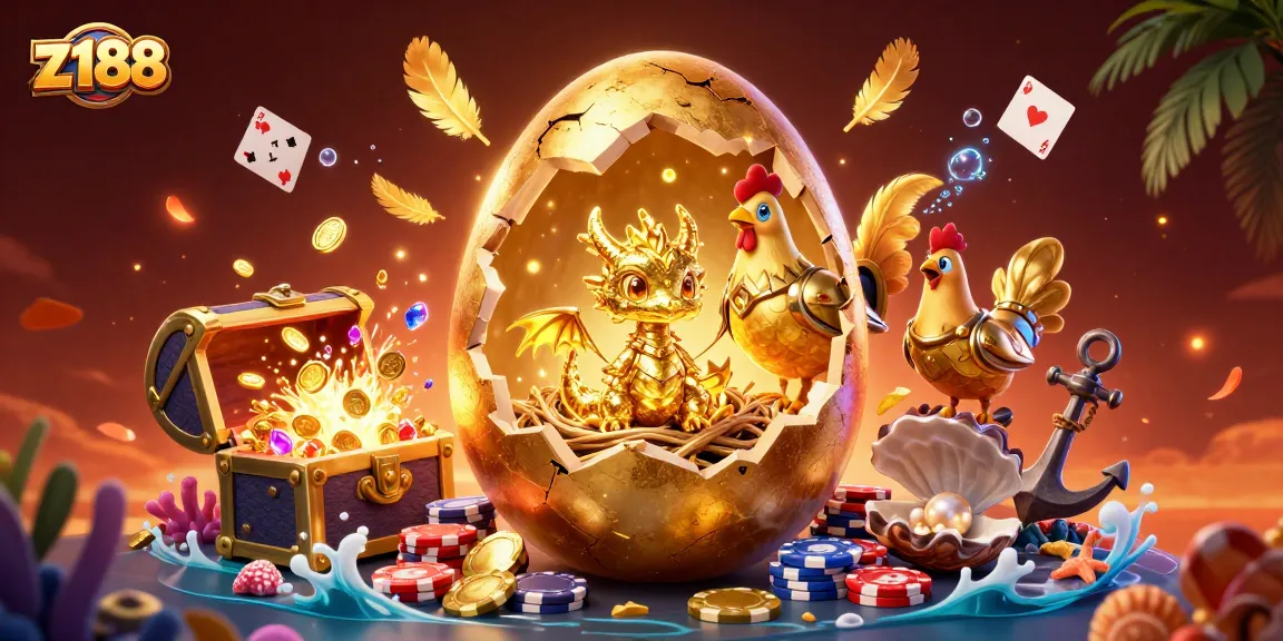 Engage with z188's thrilling golden dragon nest surrounded by casino gems and vibrant game elements.