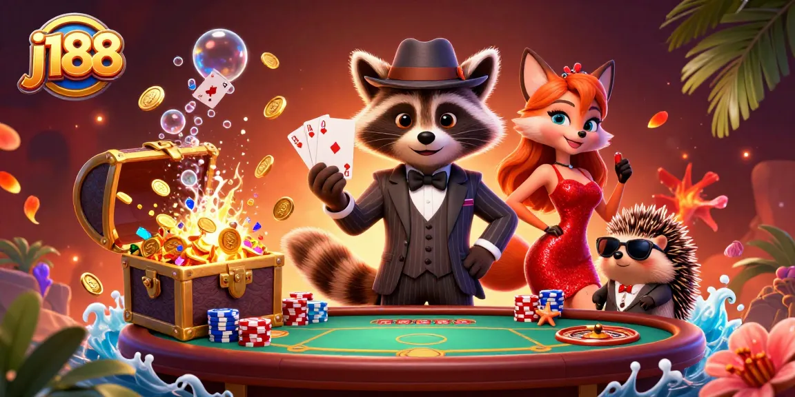 Win big with j188's vibrant casino scene featuring dynamic characters and gaming elements.