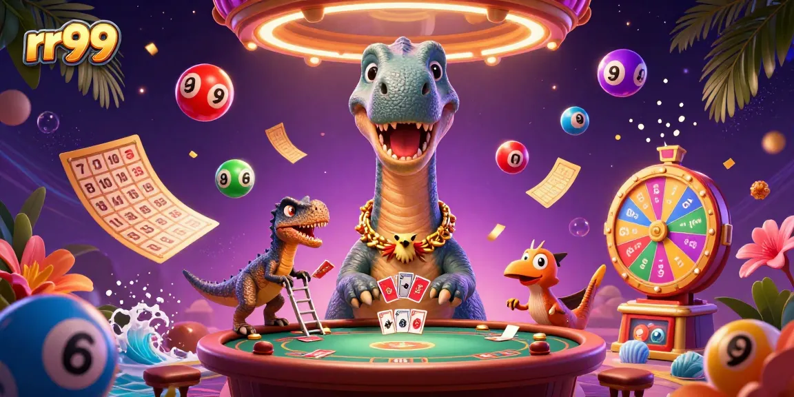 Win big with rr99 in a lively casino scene featuring dinosaur characters engaged in card games.