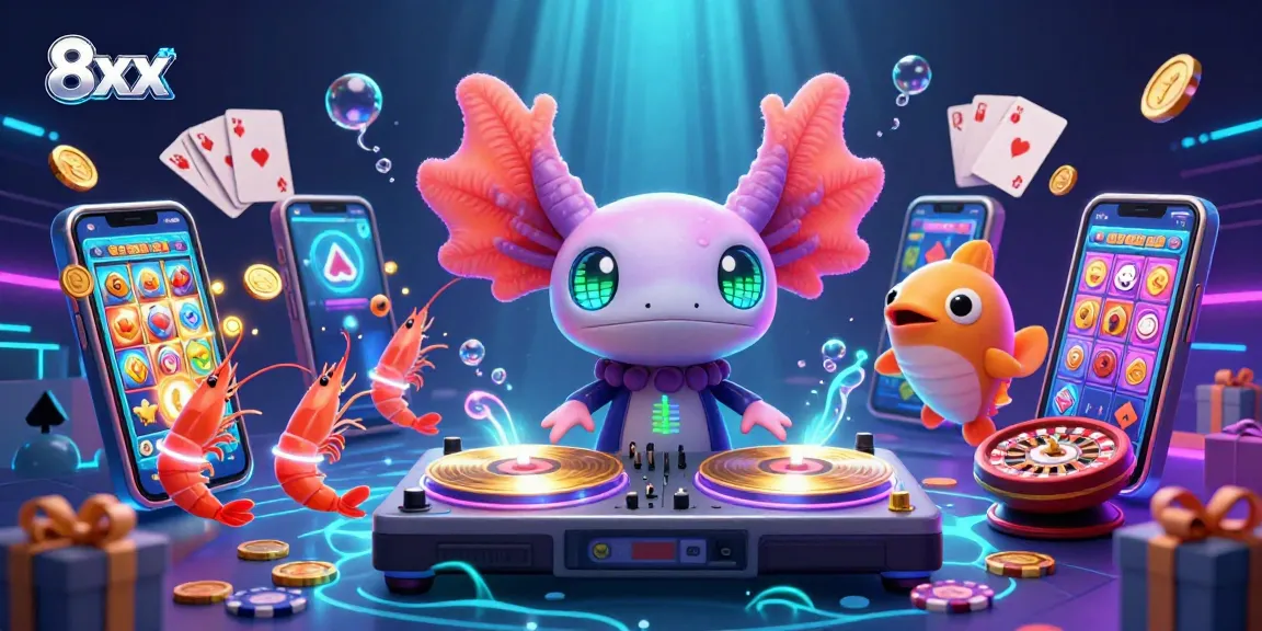 Engage in thrilling gameplay with 8xx's colorful slot games as vibrant characters animate the scene.