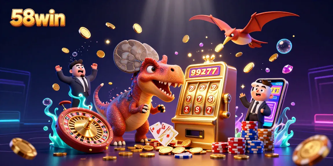 Experience the thrill at 58win with a colorful, action-packed casino scene featuring jackpot excitement.