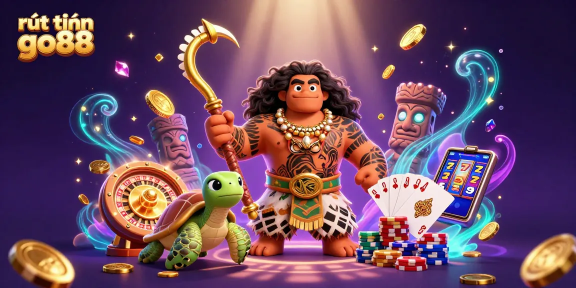 Experience rút tiền go88 with vibrant 3D casino elements, featuring a demigod and treasures.