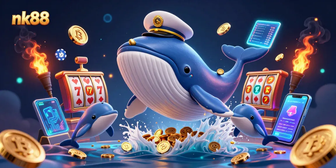 Experience thrilling adventures with nk88, featuring a whale and dolphins amidst dynamic gambling elements.