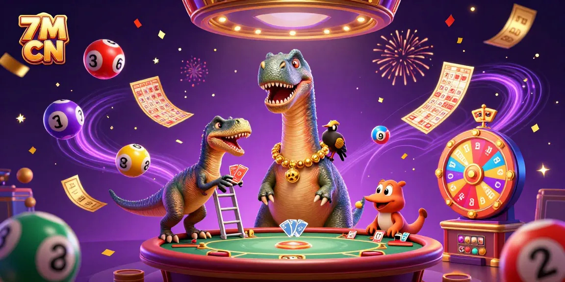 Engage with 7M CN's vibrant casino scene featuring a giant brontosaurus and colorful gaming elements.
