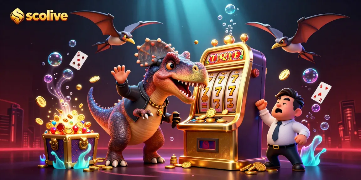 Socolive platform showcases a pachycephalosaurus engaging with a jackpot slot machine amid vibrant casino elements