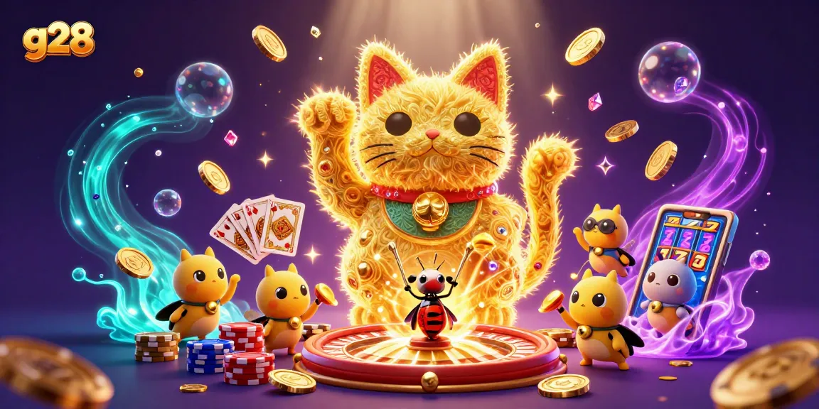 g28 engages players with a vibrant illustration of a lucky cat and casino symbols under dazzling lights