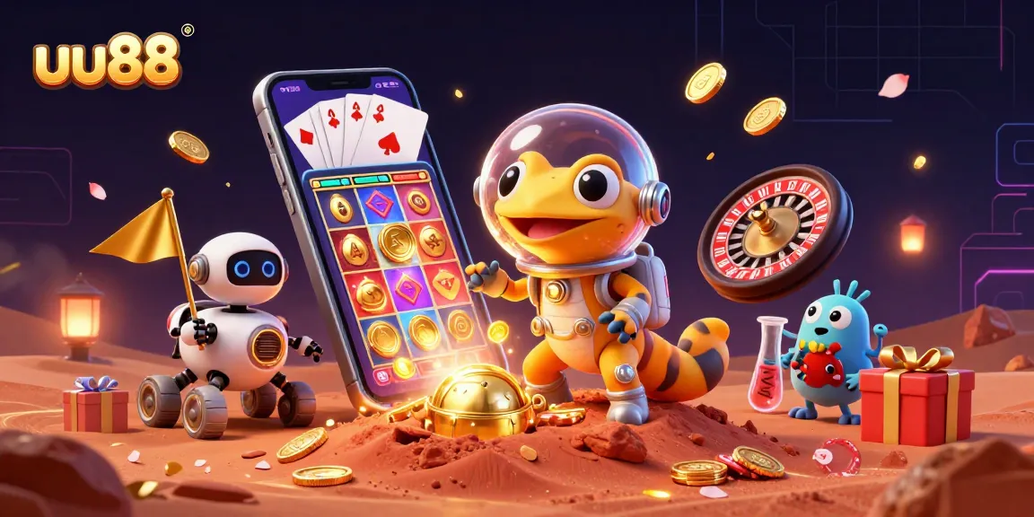 Experience the thrill of uu88 with a Martian gecko discovering a hidden casino on Mars, featuring dynamic casino elements.