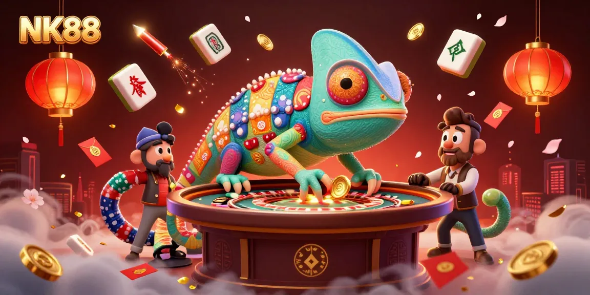 Experience the vibrancy of NK88 casino with a dynamic 3D chameleon owner and festive gambling elements.