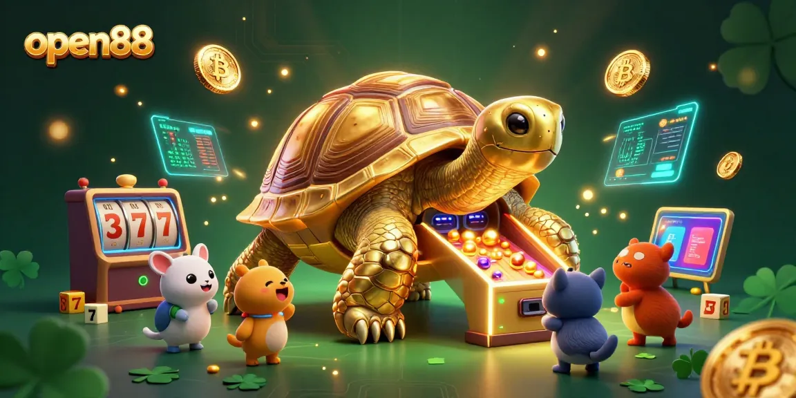 Engage with open88’s vibrant casino experience featuring a colossal golden tortoise and dynamic cryptocurrency elements.