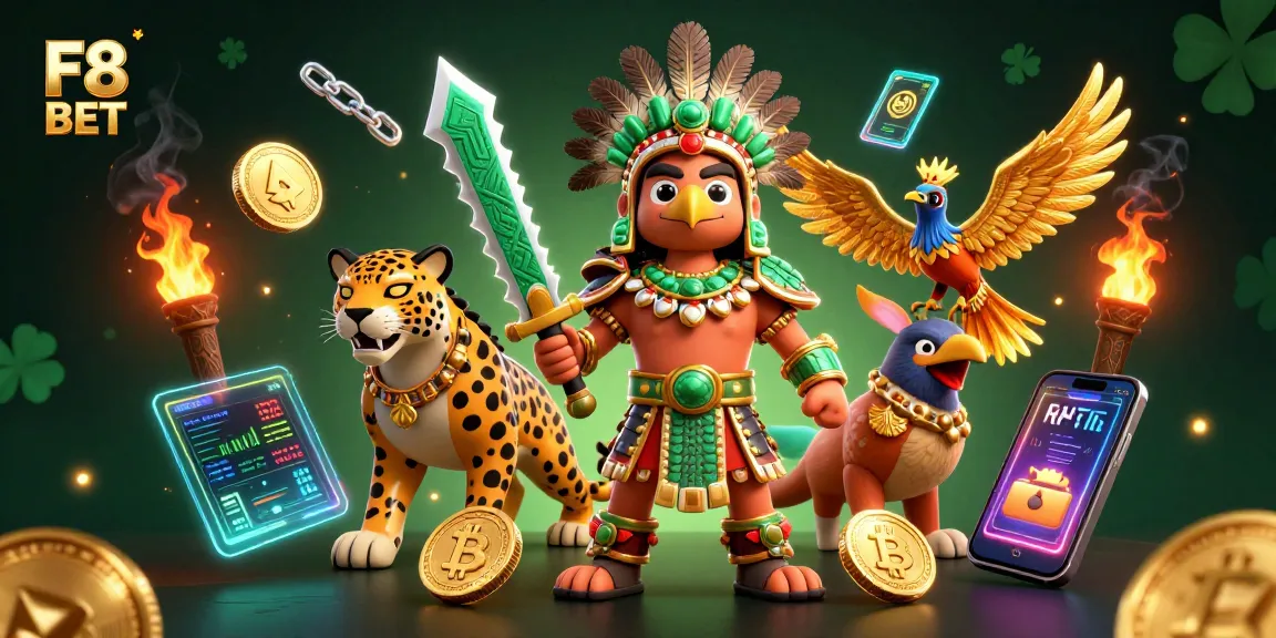 Bet big with F8 BET in this vibrant 3D illustration featuring Aztec-themed warriors and crypto elements.