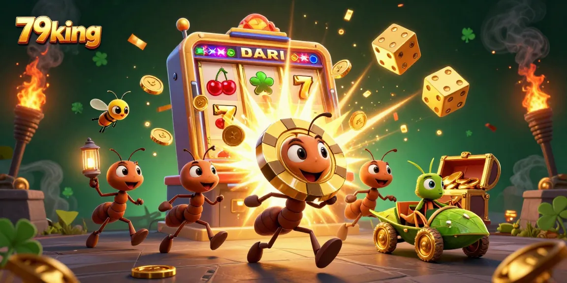 79king's exciting cartoon heist scene with ants, poker chips, and casino elements.