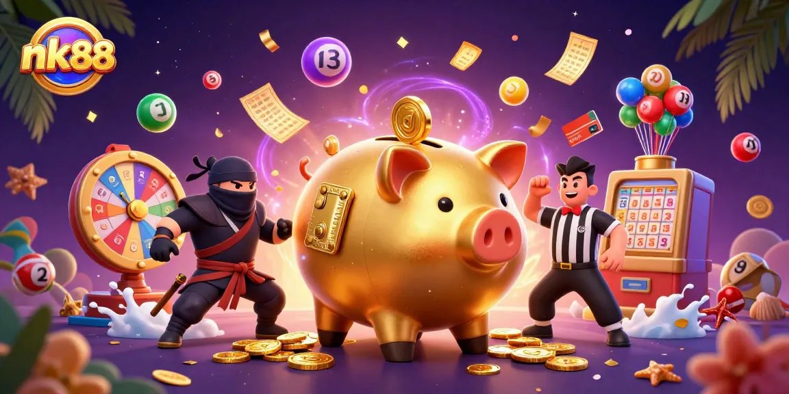 Win big with nk88 at a vibrant, colorful casino showdown featuring a piggy bank wrestler and ninja!