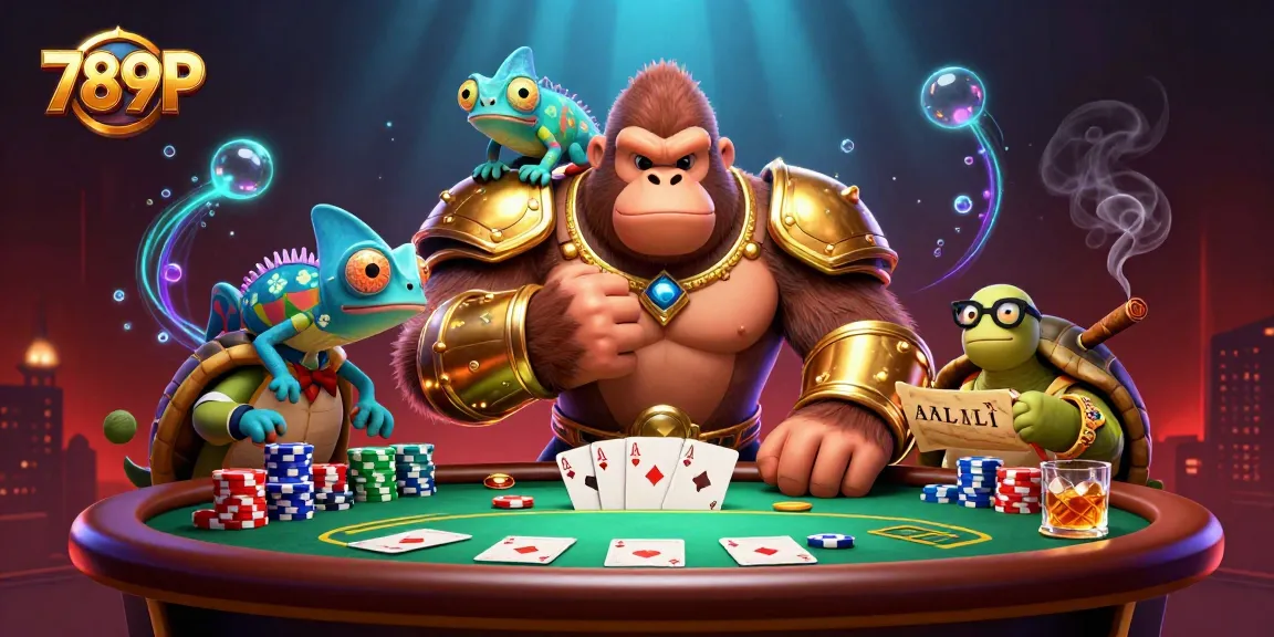 Engage with 789P's thrilling casino scene, featuring a gorilla king, chameleon, and tortoise amidst poker action.