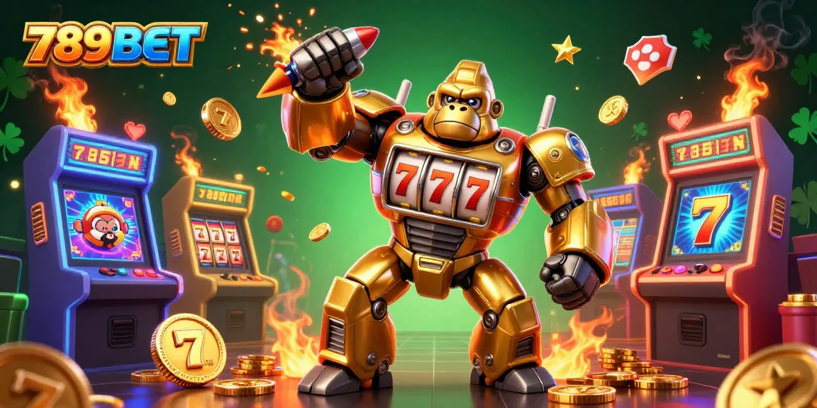 Experience the thrill of 789BET with a dynamic golden gorilla mech at an exciting casino scene.