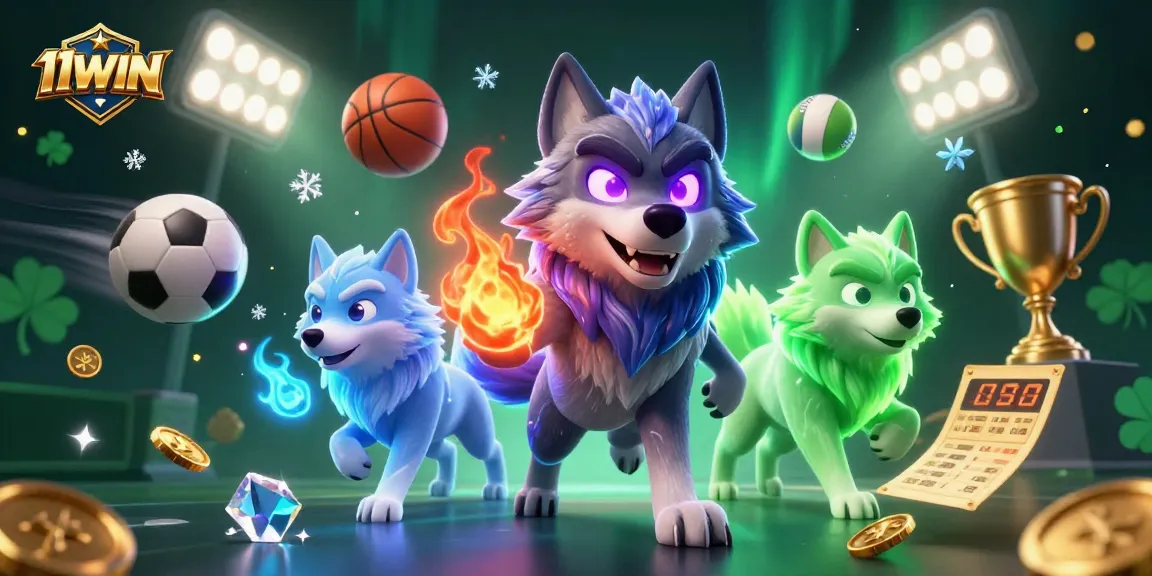 11WIN engages players in thrilling sports betting with glowing wolves, dynamic sports elements, and vibrant visuals.