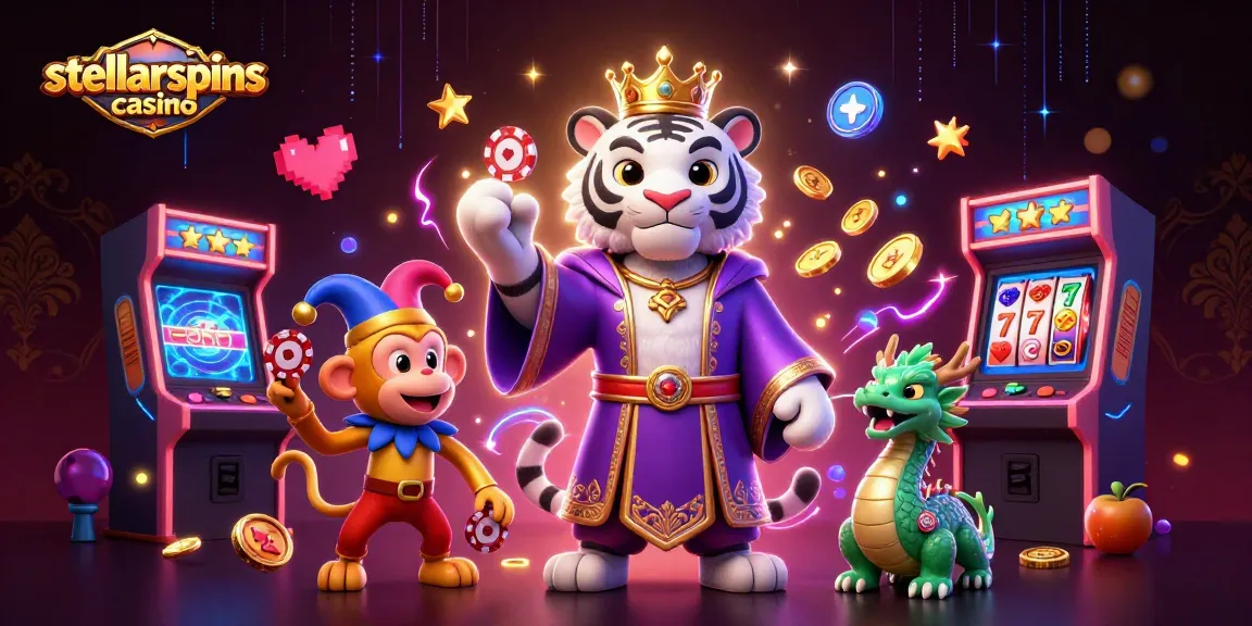 Experience thrills at stellarspins casino with vibrant 3D characters, slot reels, and casino excitement.