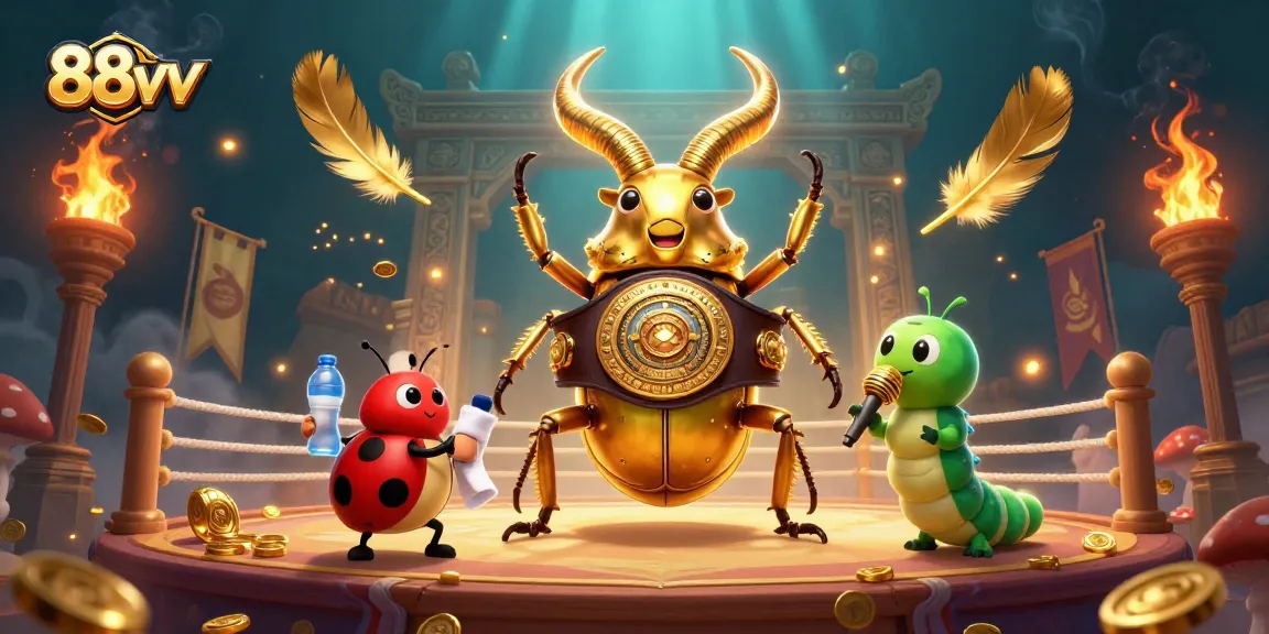 88vv offers an exciting scene with a giant stag beetle butting heads in a vibrant casino arena.