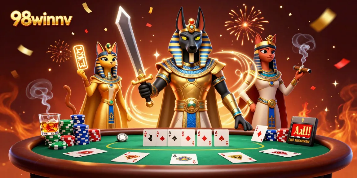 Engage in thrilling card action at 98winnv, featuring Anubis and Bastet amidst poker excitement.