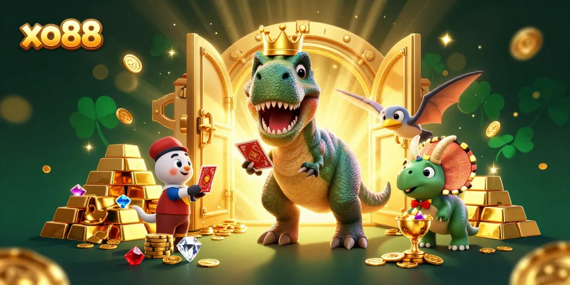 Experience the thrill of xo88 as a T-Rex and friends shuffle cards and stack chips in a vibrant casino scene.