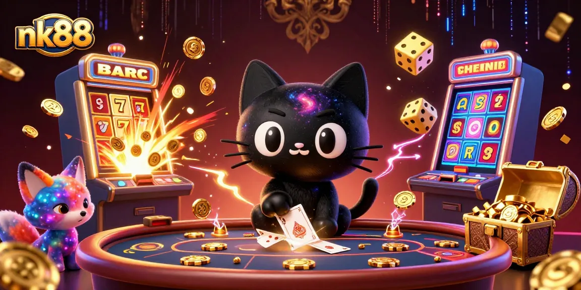 Engage in thrilling blackjack action at nk88's cosmic casino table filled with vibrant game symbols.