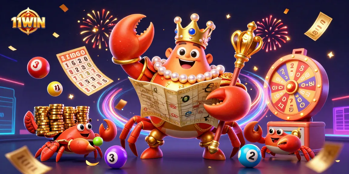 Engage with 11WIN's vibrant lottery scene featuring a golden crab emperor surrounded by colorful game elements.