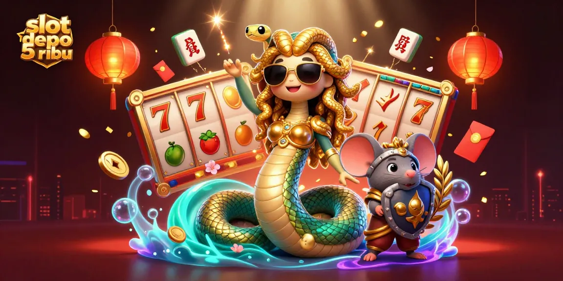 Play exciting games at slot depo 5 ribu with vibrant symbols and fun characters in this dynamic illustration.