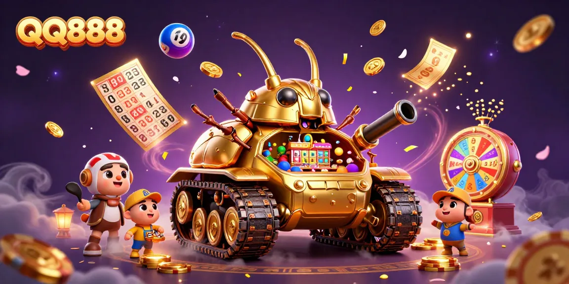 Experience the dynamic fun of QQ888 with a vibrant casino scene showcasing a golden beetle tank and exciting game elements.