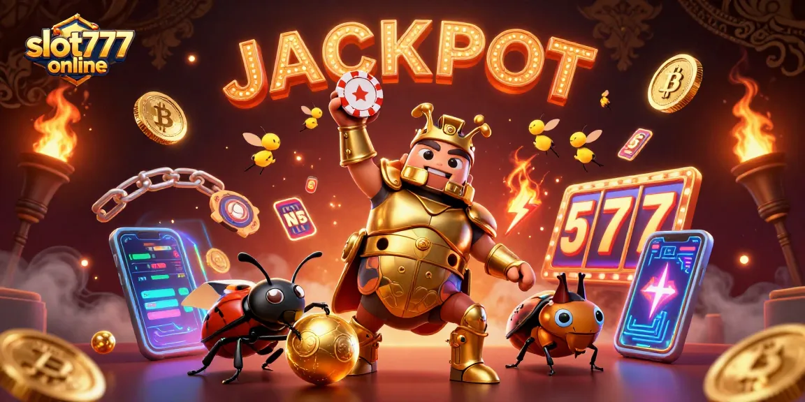 Engage with slot777 online and witness a vibrant 3D scene of a beetle hero and jackpot display.