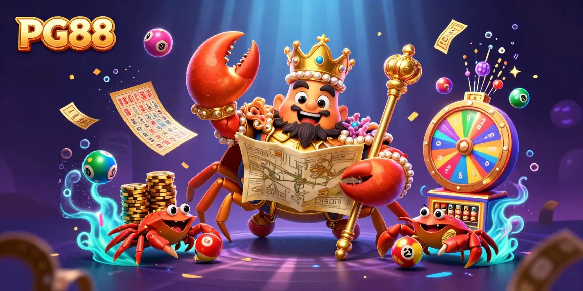 Engage with PG88, featuring a golden crab emperor amidst lottery excitement and vibrant casino elements.
