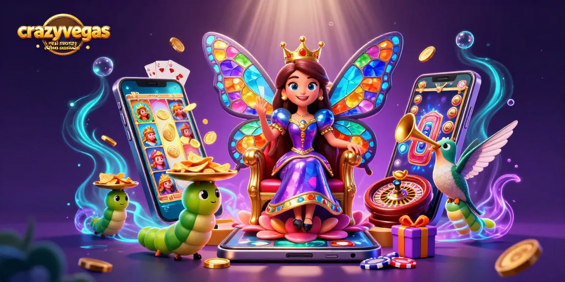 Experience the magic of crazyvegas real money online casinos Australia with a vibrant casino fantasy scene featuring game elements.