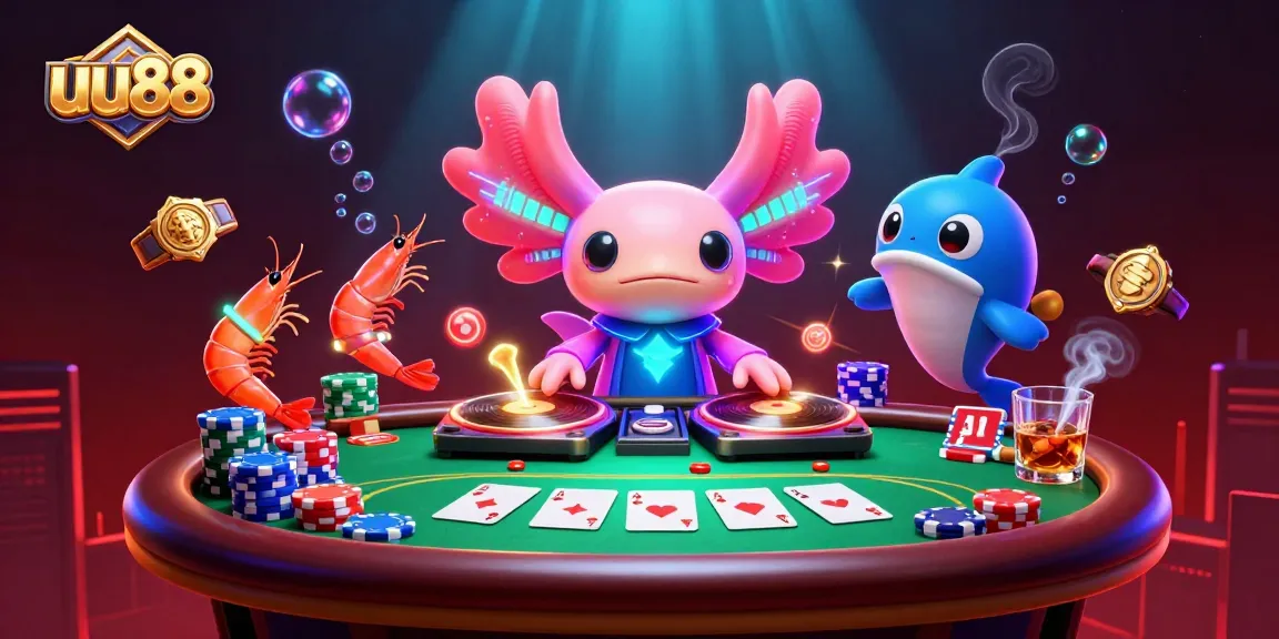 uu88's vibrant underwater casino scene featuring a neon axolotl DJ amidst poker chips and community cards.