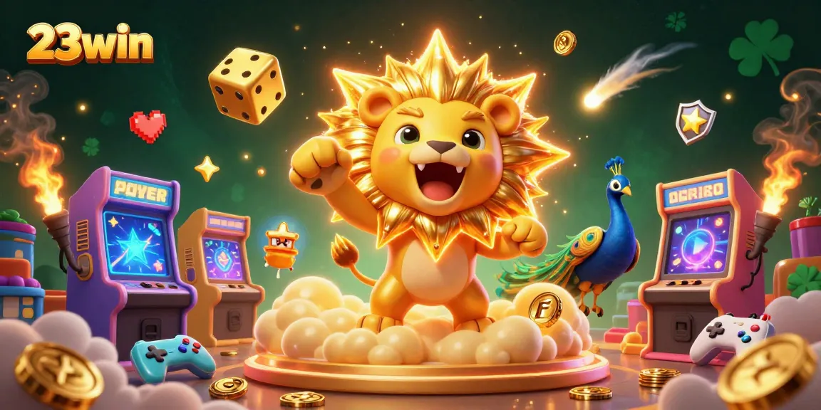 Experience the thrill of 23win’s vibrant casino with a roaring sun lion and lively game elements.