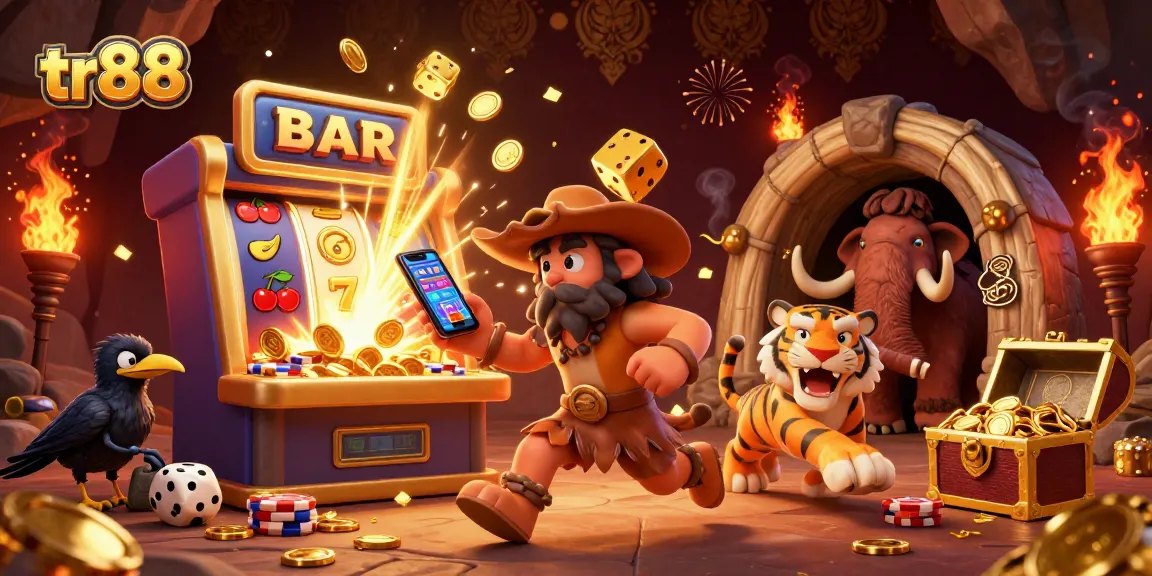 Experience thrilling gaming action with tr88's vibrant 3D illustration showing lively casino elements.