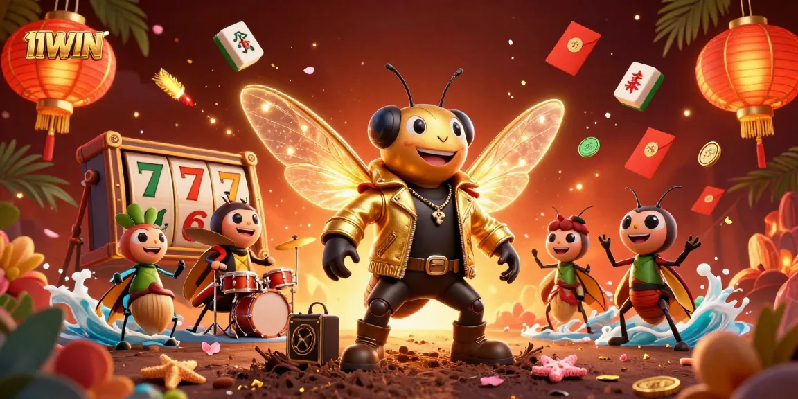 Experience the vibrant world of 11WIN with a rock star and dynamic slot elements in this 3D illustration.