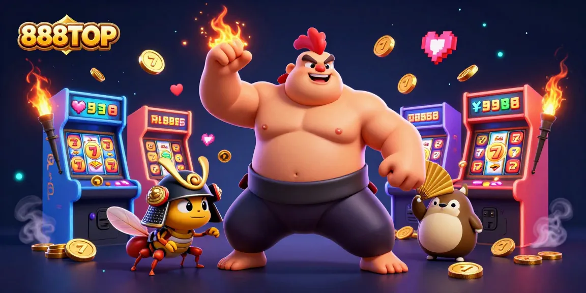 Join the excitement of 888TOP with vibrant slot machines and lively characters in a dynamic casino scene.