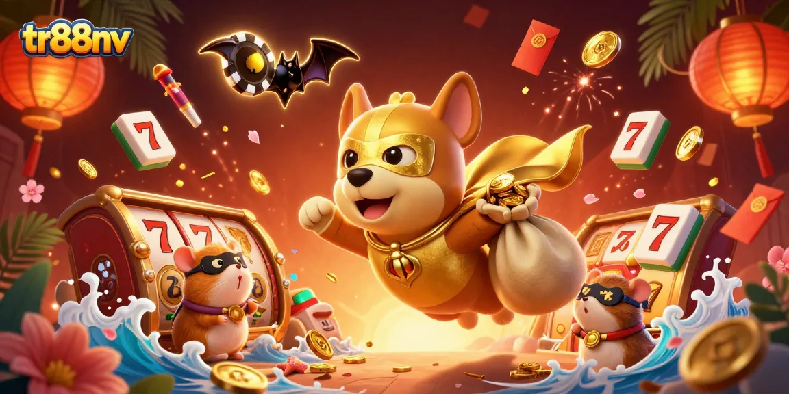 Experience the excitement of tr88nv with this vibrant 3D illustration showcasing a superhero dog and hamster amidst dynamic gambling elements.