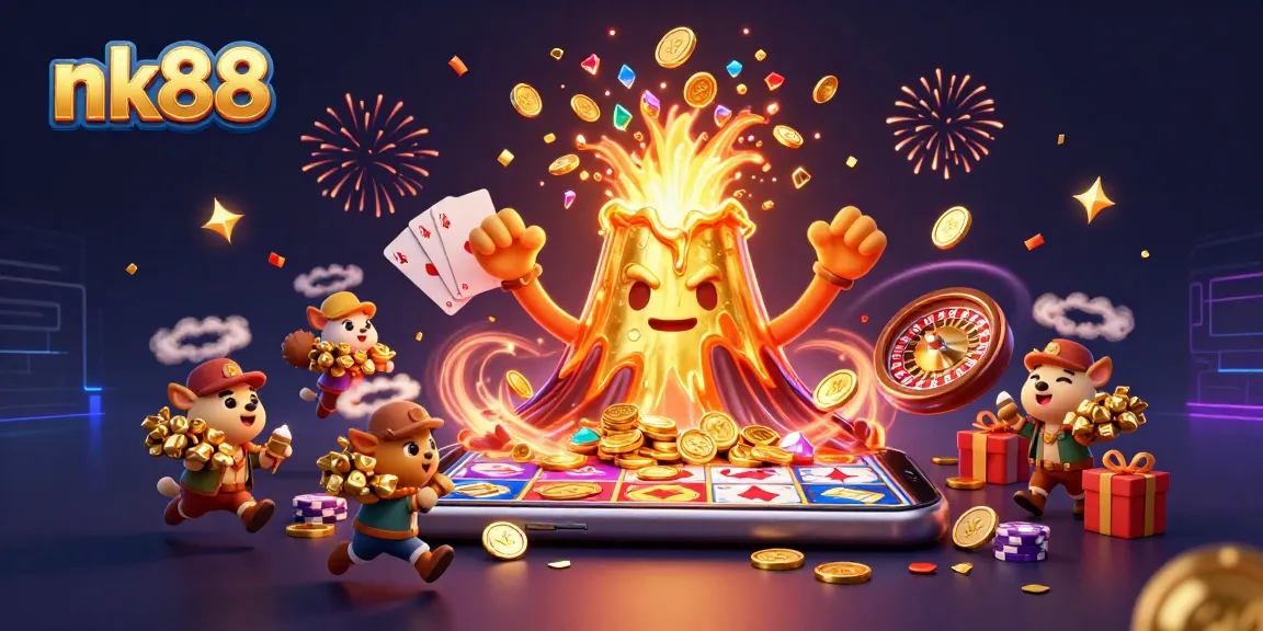 Experience thrilling wins at nk88 with a jubilant golden volcano erupting treasure in a vibrant casino world.