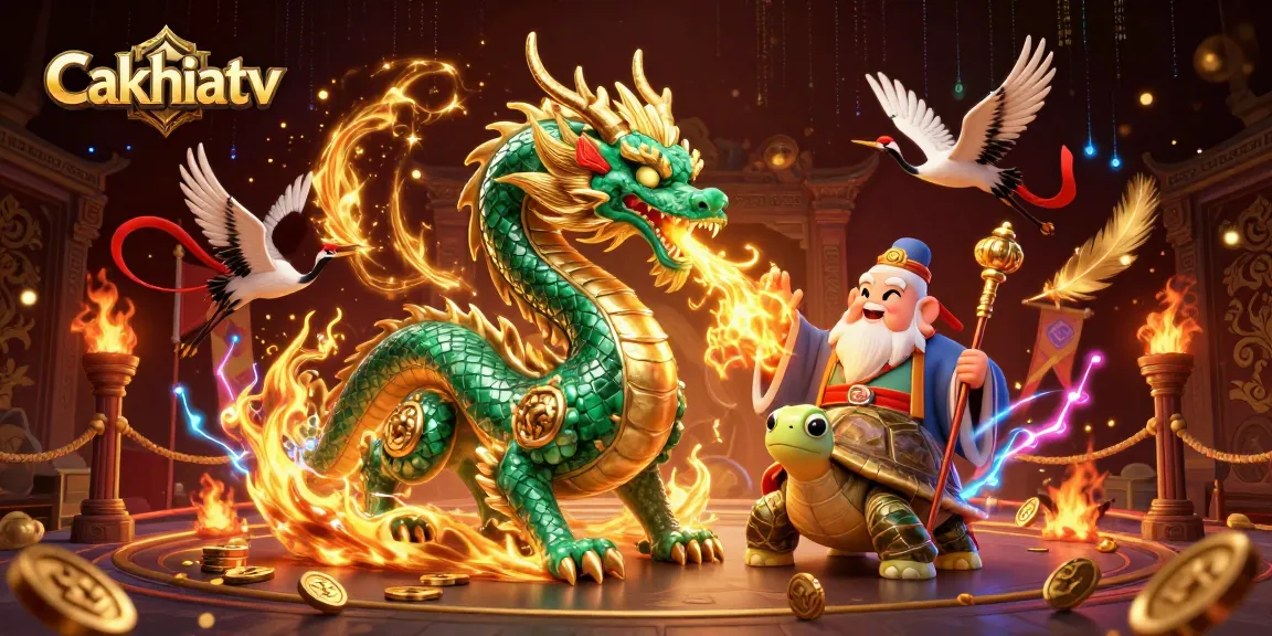 Cakhiatv brings fortune alive with a jade dragon, turtle sage, and lucky cranes in a dynamic gambling setting.