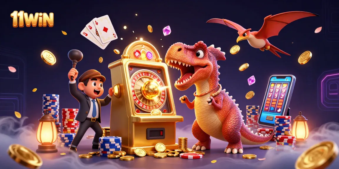 Experience the excitement of 11WIN with a dinosaur-themed jackpot slot scene.